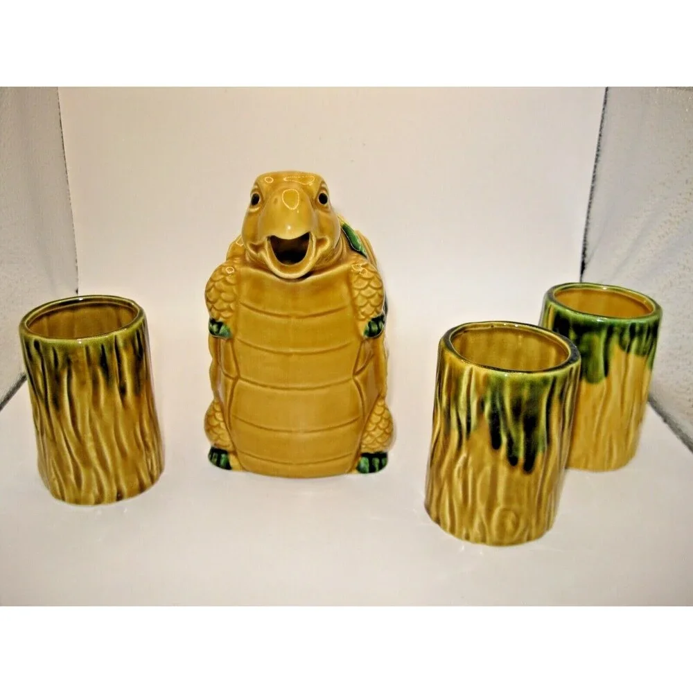 Anthropomorphic Turtle Pitcher & 4 Cups Tiki Barware Norleans Gold & Green Japan